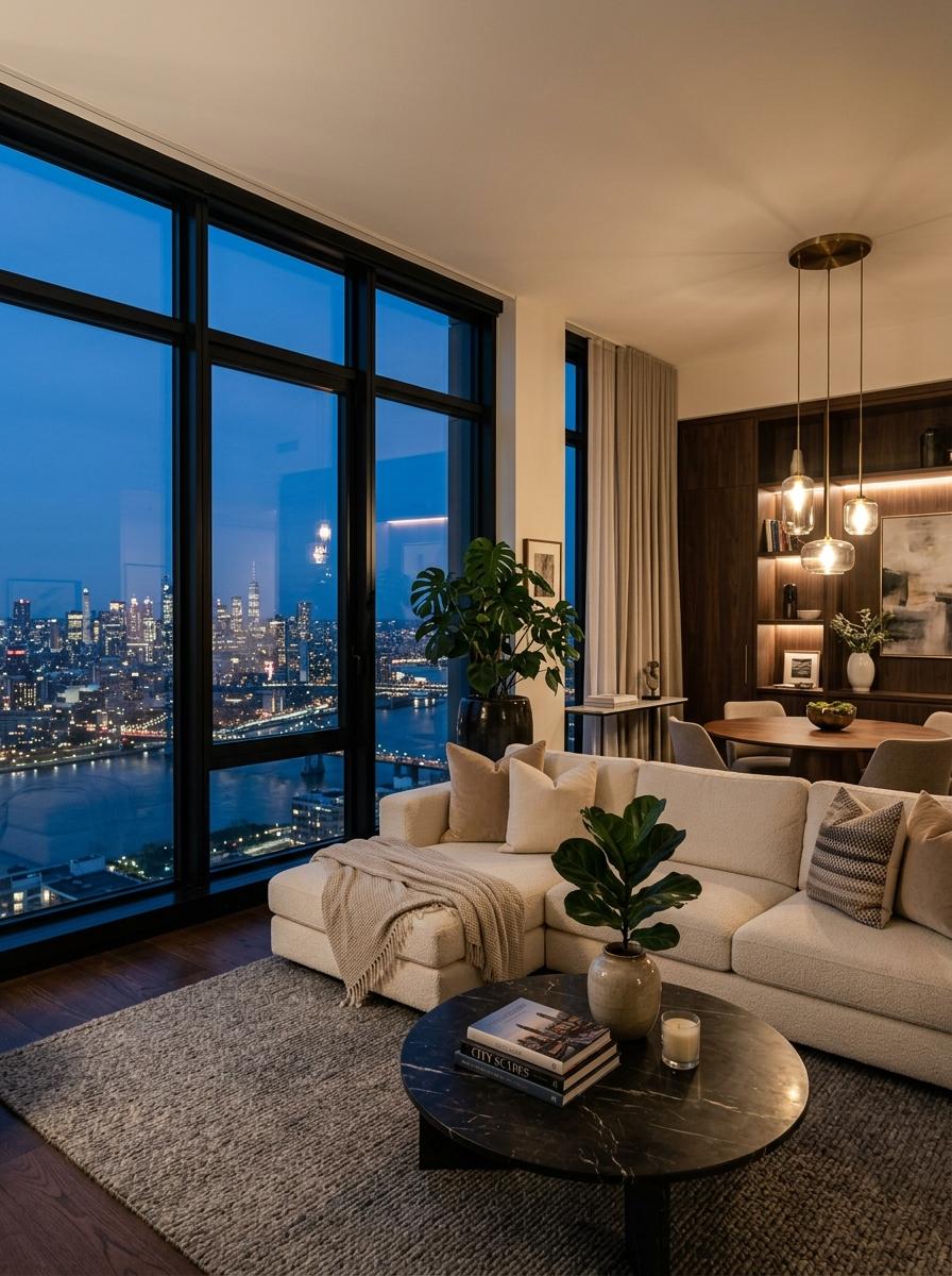 Modern apartment living room with city view